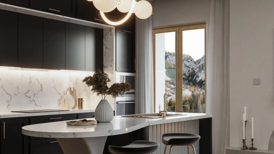 Cucina moderna bianca e nera con infissi in PVC