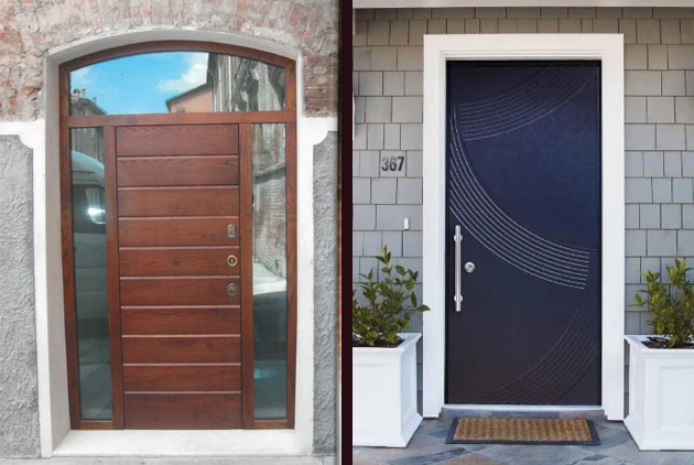 Due porte con diverso materiale, legno e PVC