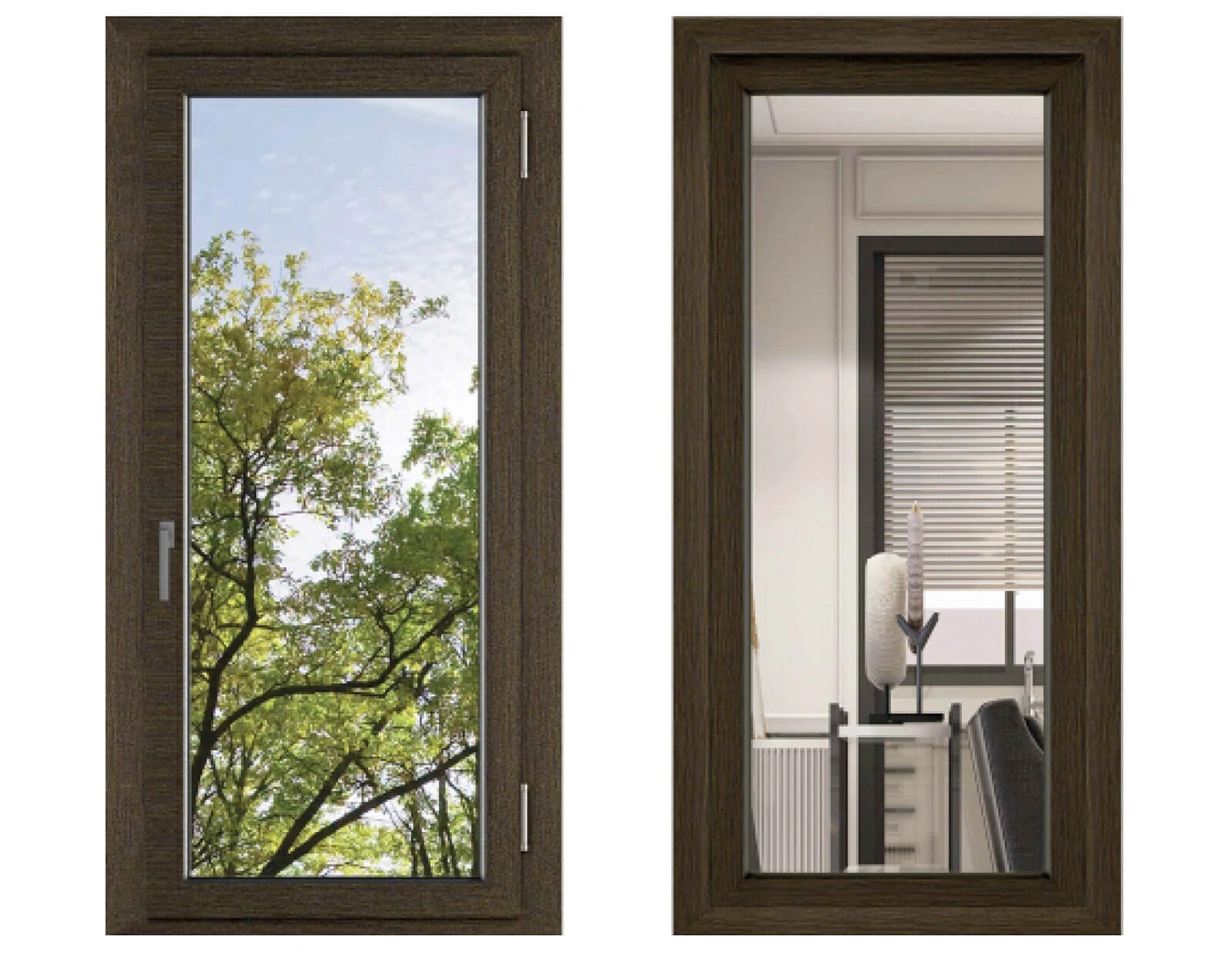 Infissi in PVC e legno scuro su sfondo bianco