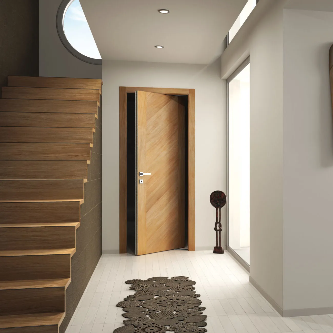 Porta a battente in legno e pareti grigie