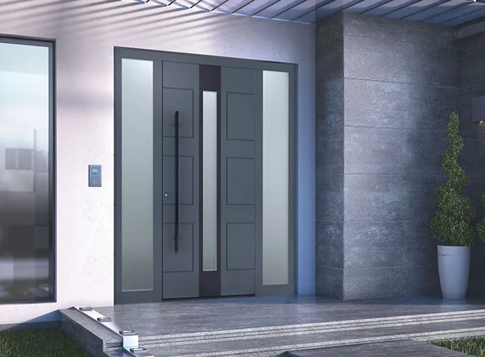 Portoncino d’ingresso moderno grigio con inserti in vetro