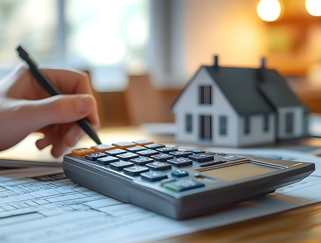Uomo con calcolatrice che guarda una fattura Uomo con calcolatrice che guarda una fattura